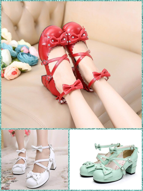 Sweet Lolita Chunky High Heel Shoes With Rhinestone Bow