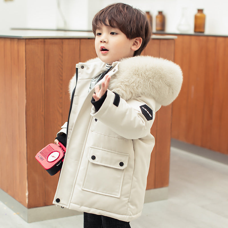 Boys' Mid-length Thickened White Duck Down Jacket
